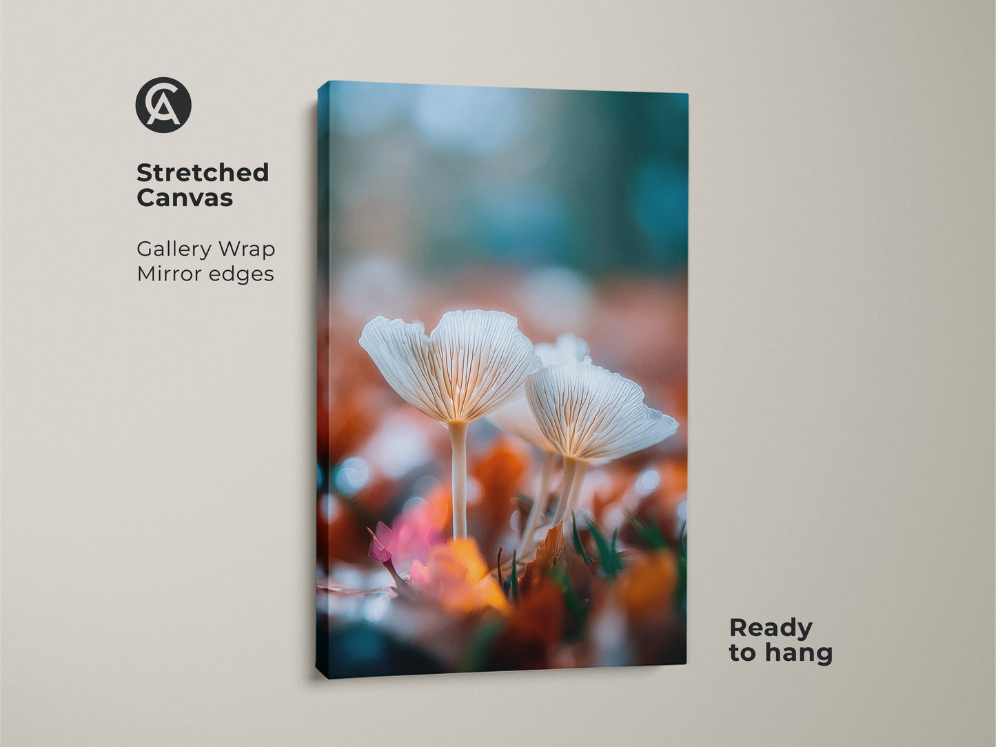 Gallery wrapped stretched canvas art featuring white mushrooms. This nature artwork is a high-quality canvas print. The image wraps around the edges. This canvas wall art is ready to hang and enjoy.