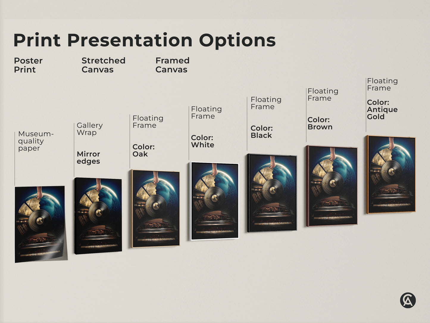 Explore print presentation options for surreal vinyl record art. See how a museum-quality poster a stretched canvas or framed canvas enhances this conceptual music wall art. Floating frames in black brown antique gold or white available.