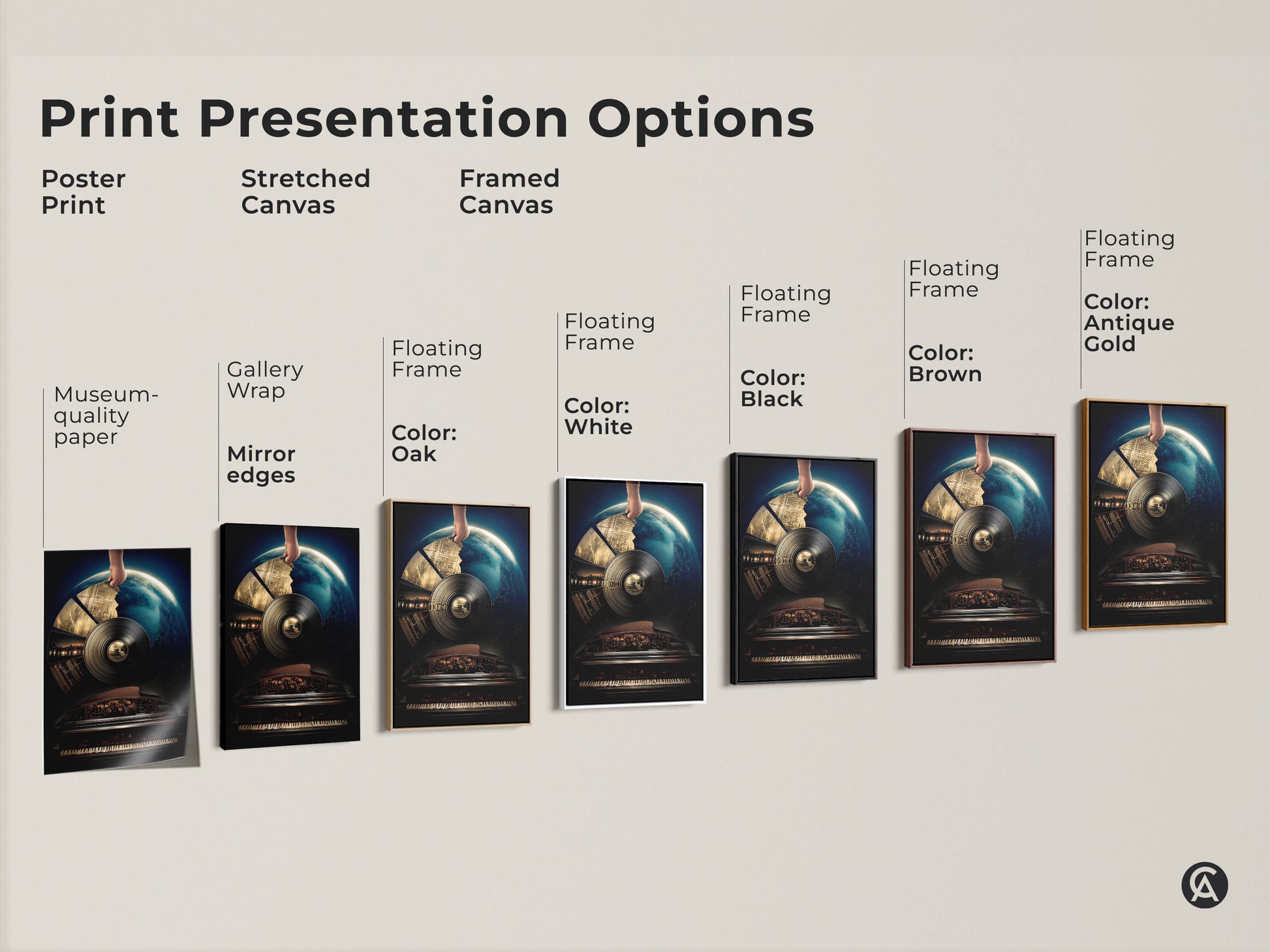 Explore print presentation options for surreal vinyl record art. See how a museum-quality poster a stretched canvas or framed canvas enhances this conceptual music wall art. Floating frames in black brown antique gold or white available.