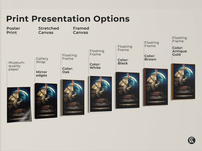 Explore print presentation options for surreal vinyl record art. See how a museum-quality poster a stretched canvas or framed canvas enhances this conceptual music wall art. Floating frames in black brown antique gold or white available.
