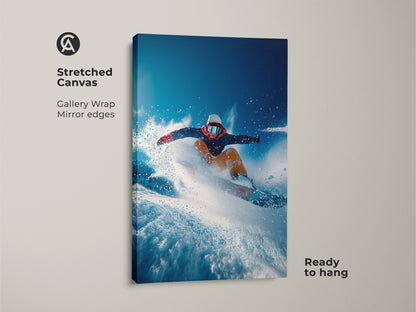 A stretched canvas showcases a snowboarder art piece. The gallery wrap has mirrored edges and is ready to hang. This vibrant artwork captures the energy of extreme sports. Add a dynamic touch to your decor.
