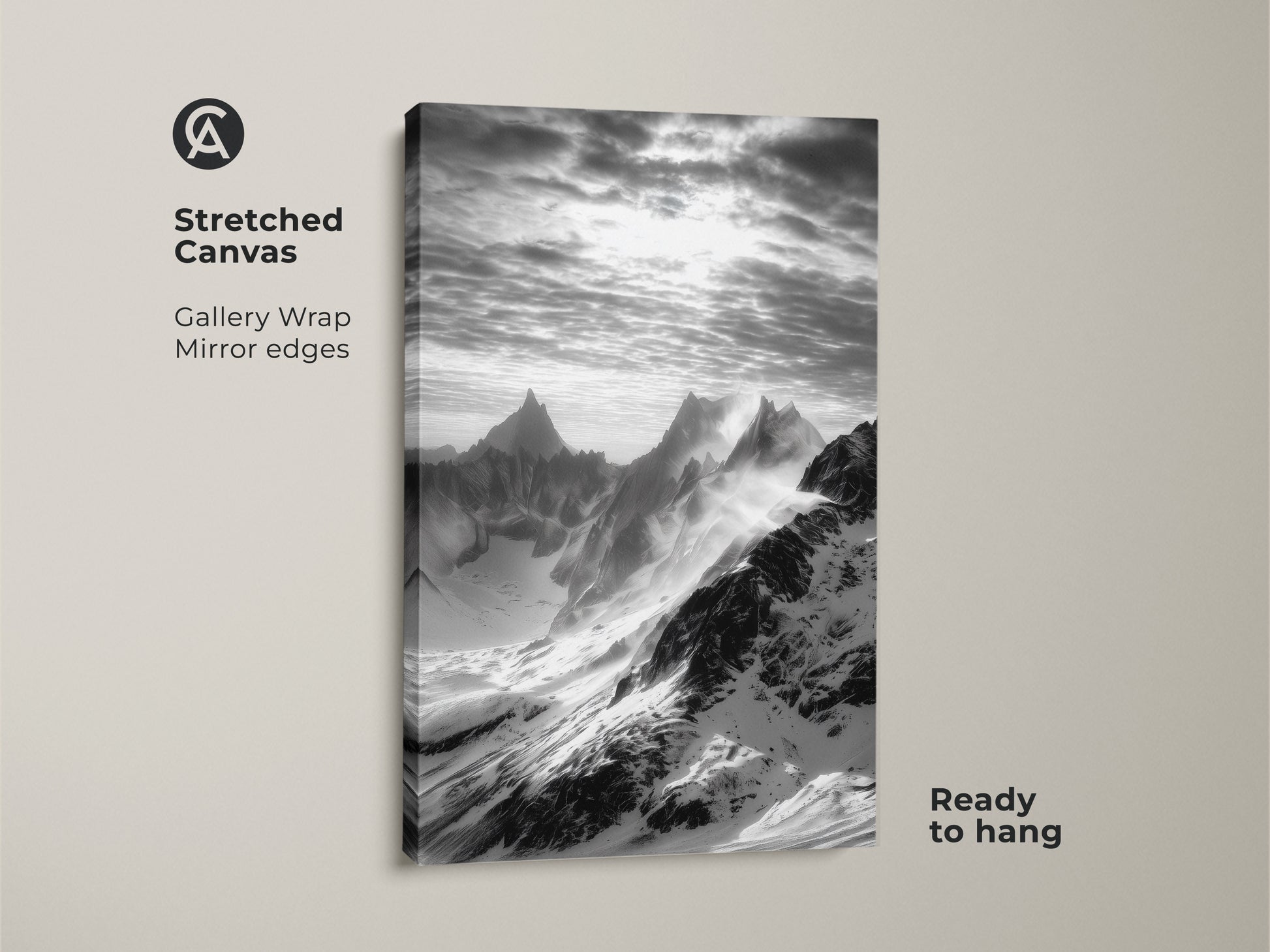 Stretched canvas featuring a monochrome mountain scene. The snowy peaks canvas print offers a gallery wrap with mirrored edges. This black and white landscape art is ready to hang. It's perfect nature wall decor for a modern space.