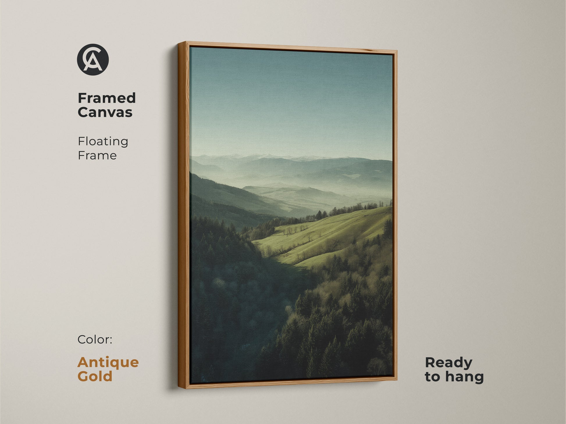 Framed canvas featuring a forest green and misty blue landscape. Antique gold floating frame. Ready to hang. The mountain hills nature wall art is ideal for bedroom decor. It makes a great housewarming gift for outdoor enthusiasts. The artwork brings a serene escape.