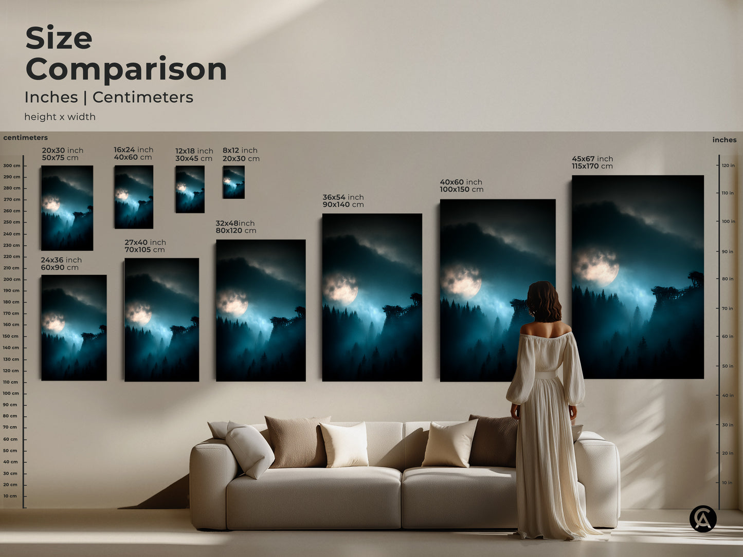 Size comparison of deep blue moonlit forest art prints in inches and centimeters. Visualize the scale of 16x24 to 45x67 inch canvas and poster prints. Perfect for planning your misty landscape wall art arrangement. Enhance your home decor with this atmospheric forest artwork.