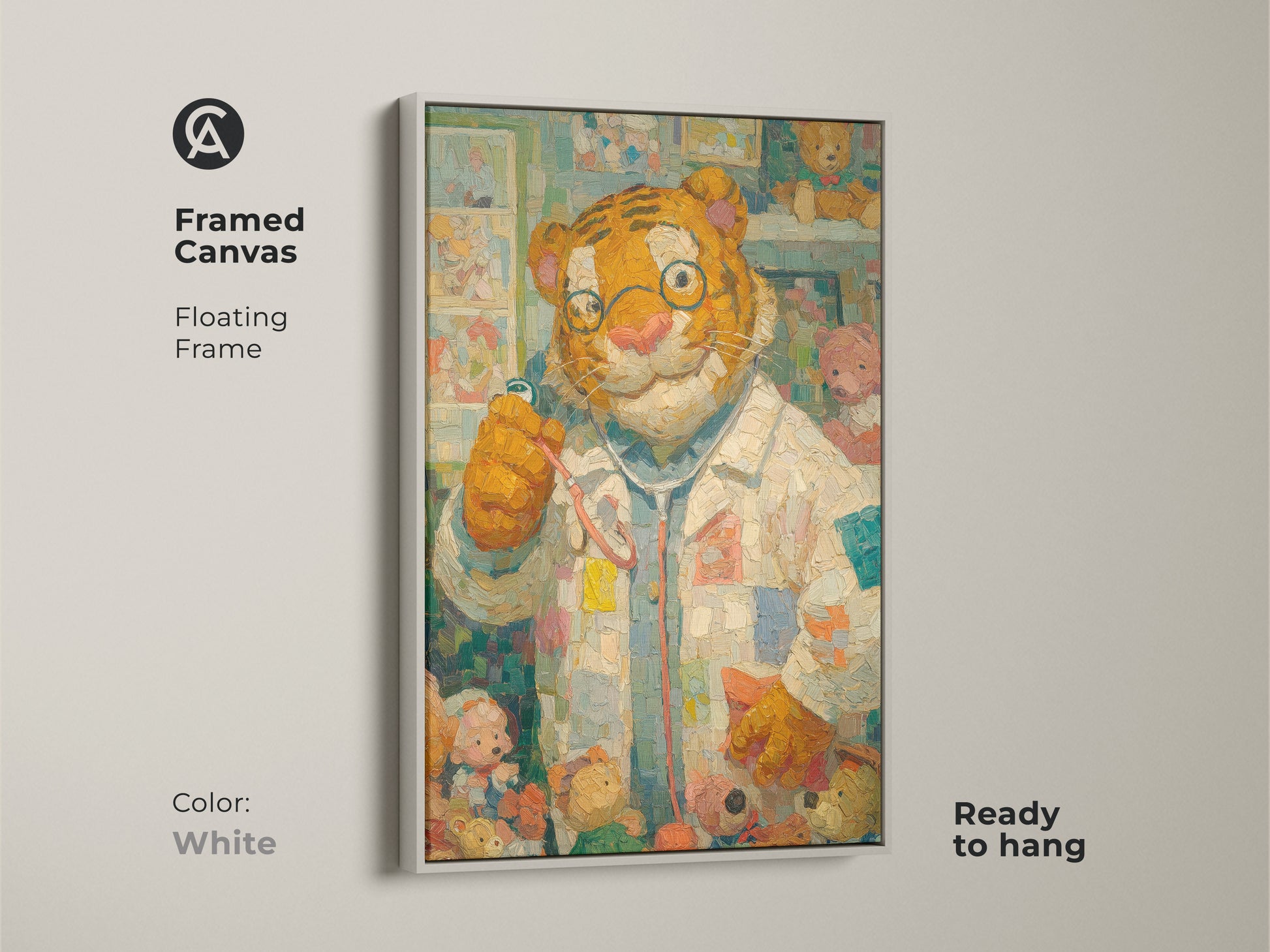 Framed canvas artwork featuring a tiger doctor and teddy bears in a floating white frame. This adorable animal art is ready to hang. The white frame offers a clean modern look. A great addition to any nursery or playroom