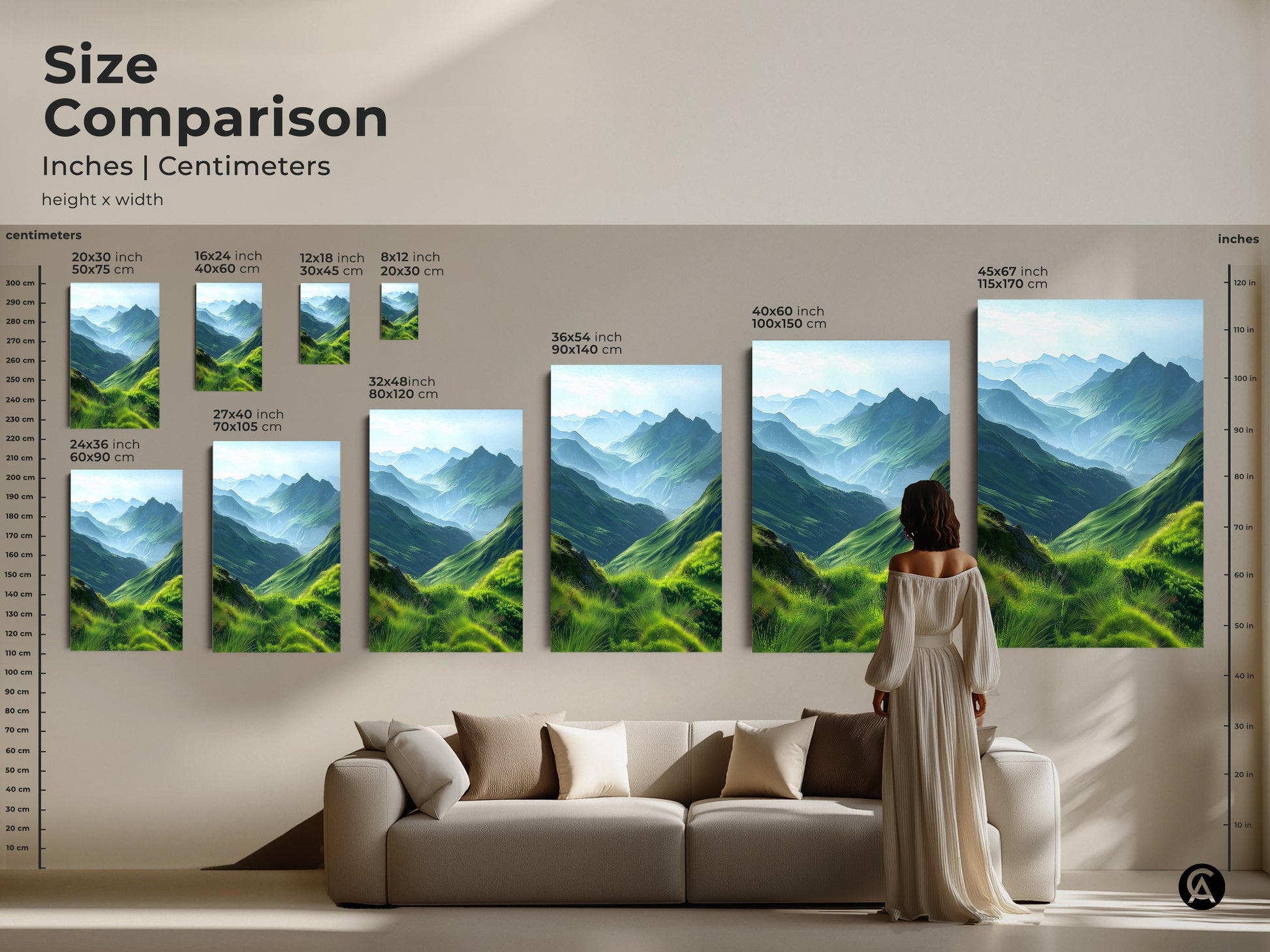 Size comparison of emerald green mountain landscape artwork in inches and centimeters. See how canvas and poster art scales from 8x12 to 45x67 inches. This scenic valley and hills painting adds peaceful elegance to a living room. A perfect modern home decor gift for outdoor lovers.