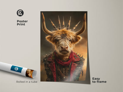 Poster Print Steampunk Highland Cow artwork rolled in a tube. This Gothic punk animal poster is easy to frame. The red brown fantasy creature is perfect for alternative art lovers. Add dark academia charm to your office workspace with this unique bearded bull print.