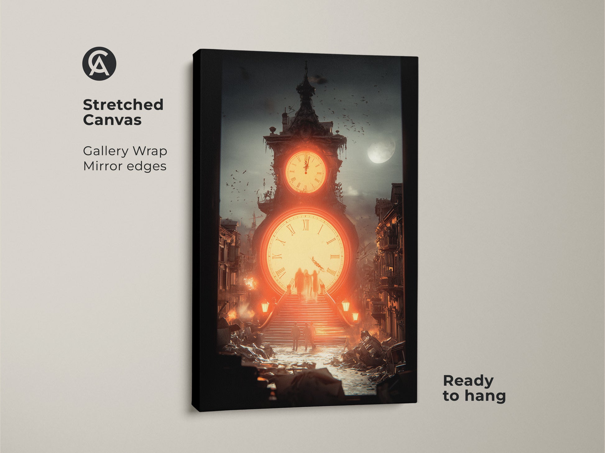 This stretched canvas features a steampunk clock tower. The surreal urban decay artwork is a gift for thinkers. The gallery wrap and mirror edges make it ready to hang.