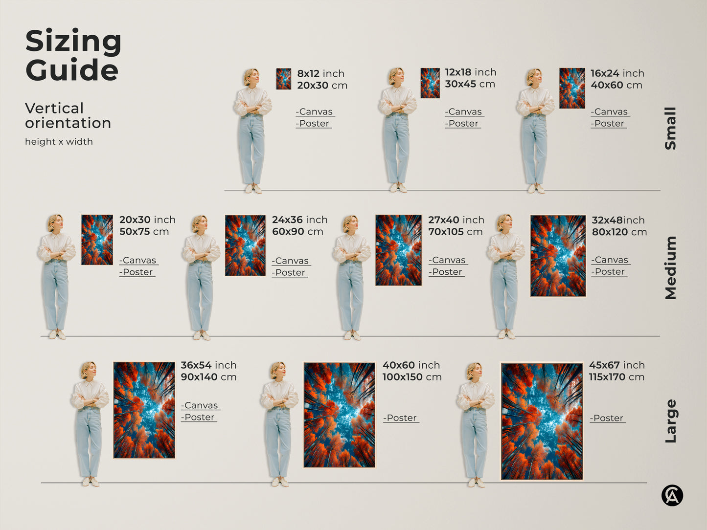 Sizing guide for our vertical forest art print. See how the artwork looks in various sizes from small to large. Available as canvas or poster prints. Find the perfect fit for your space. Shop now and bring nature indoors with our stunning artwork.