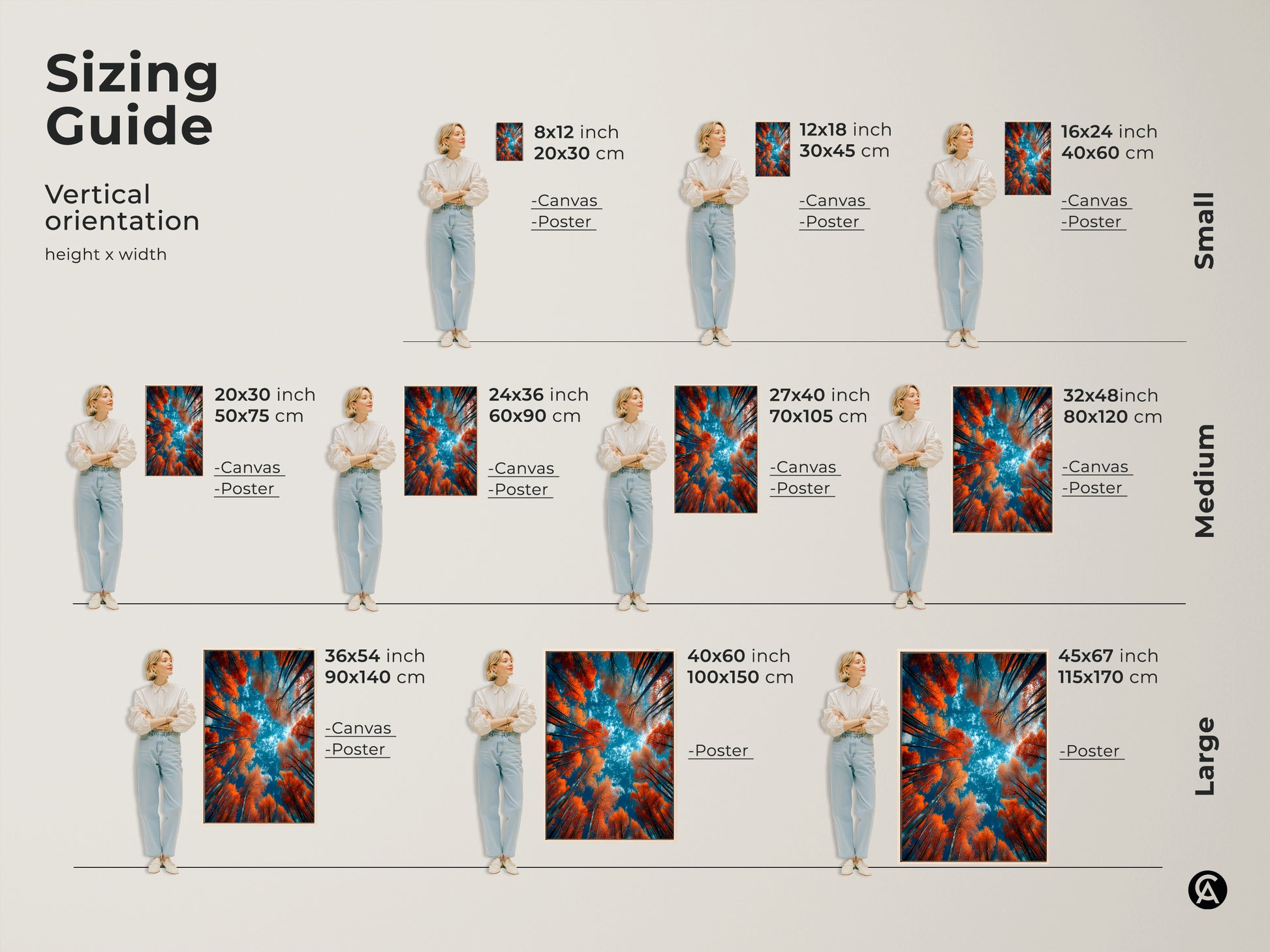 Sizing guide for our vertical forest art print. See how the artwork looks in various sizes from small to large. Available as canvas or poster prints. Find the perfect fit for your space. Shop now and bring nature indoors with our stunning artwork.