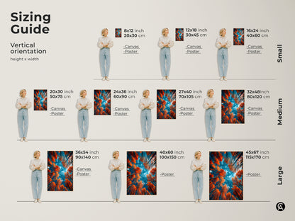 Sizing guide for our vertical forest art print. See how the artwork looks in various sizes from small to large. Available as canvas or poster prints. Find the perfect fit for your space. Shop now and bring nature indoors with our stunning artwork.