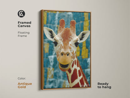 Framed canvas featuring a giraffe. Floating frame in antique gold color. The animal wall decor with photorealistic detail showcases African savanna wildlife art. The orange yellow and blue color palette offers an eclectic style. This giraffe artwork is ready to hang.