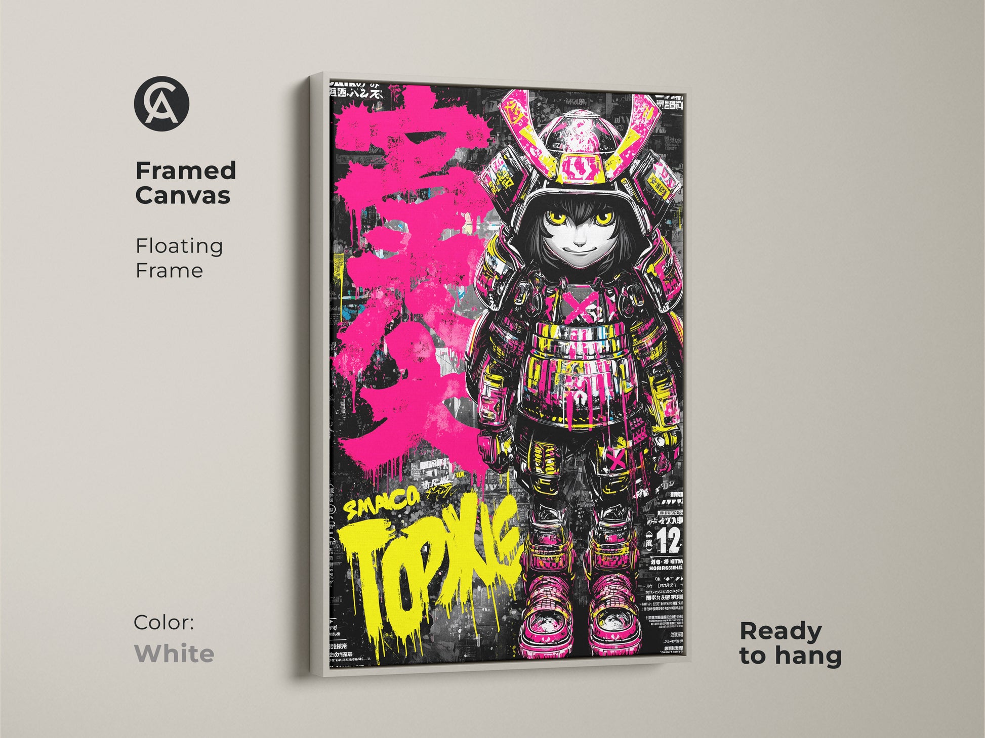 A framed canvas print of the Smaco Topix samurai artwork features a white floating frame. Ready to hang this piece offers a clean modern look. The bold colors and unique character make a statement in any room.