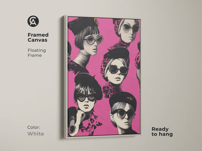 Framed canvas art featuring a pink fashion woman with sunglasses. The white floating frame creates a clean modern look. This retro pop art print adds eclectic style to any room. Ready to hang and perfect as a gift for fashion lovers. The Parisian chic artwork enhances your home decor.