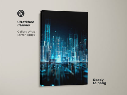 Stretched canvas of digital city art. This artwork is a blue glowing cityscape. The art features a modern city. The canvas has mirror edges. This canvas is ready to hang.