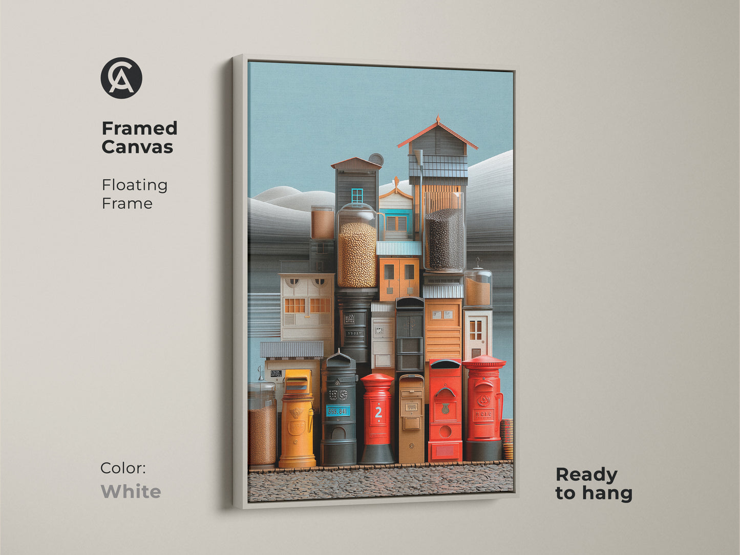 A white framed canvas showcasing surrealist urban architecture. This artwork presents a still life of eclectic post boxes and jars. The red yellow and teal artwork brings a unique energy. Ready to hang it adds a modern eclectic touch to any living space. Great housewarming gift.