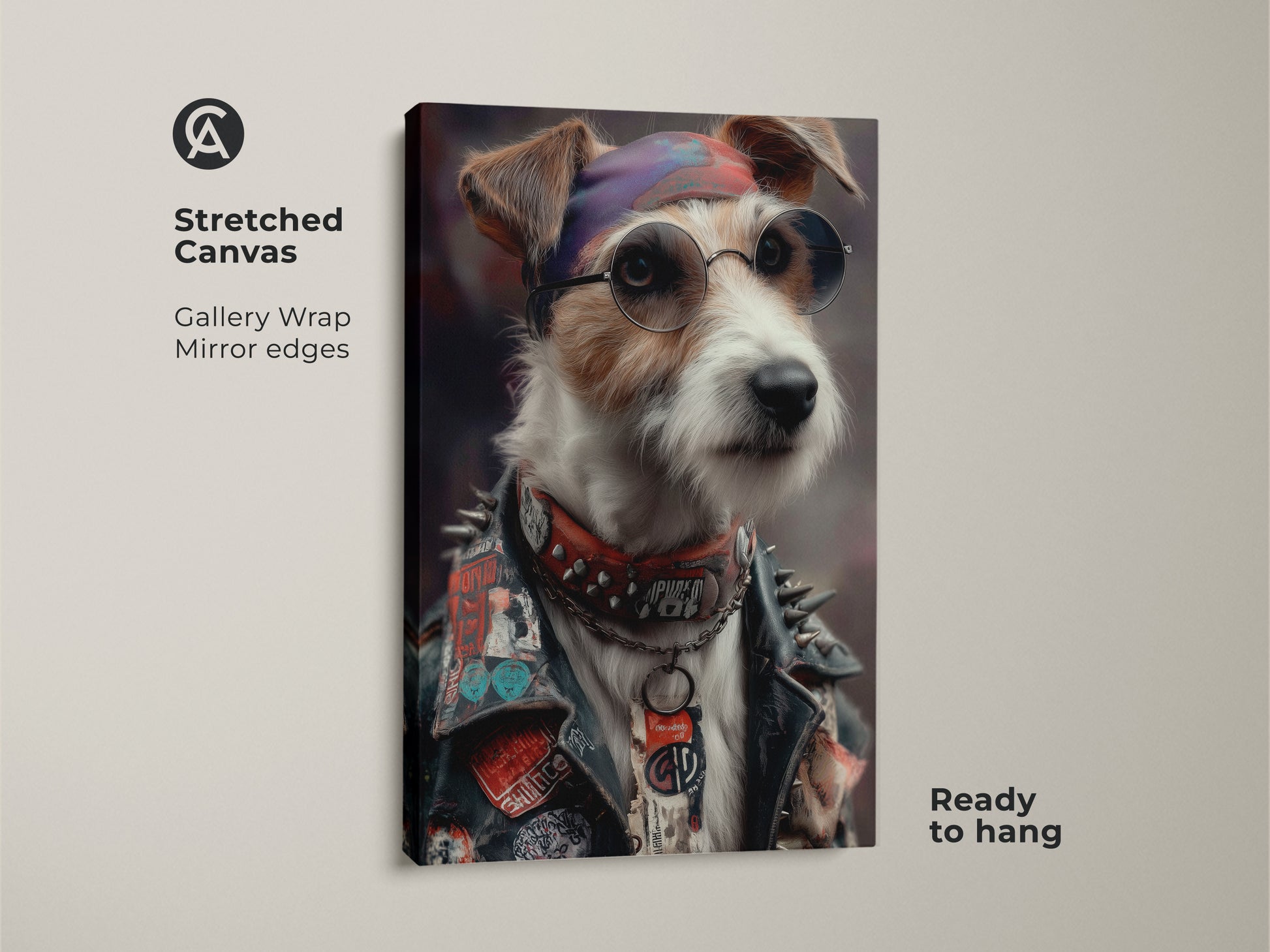 Stretched canvas showcasing a Punk Rock Jack Russell Terrier portrait. This neo-Victorian style artwork brings an edgy touch. This is perfect for eclectic homes and man caves. The ready-to-hang canvas enhances any dog lover's wall art collection.