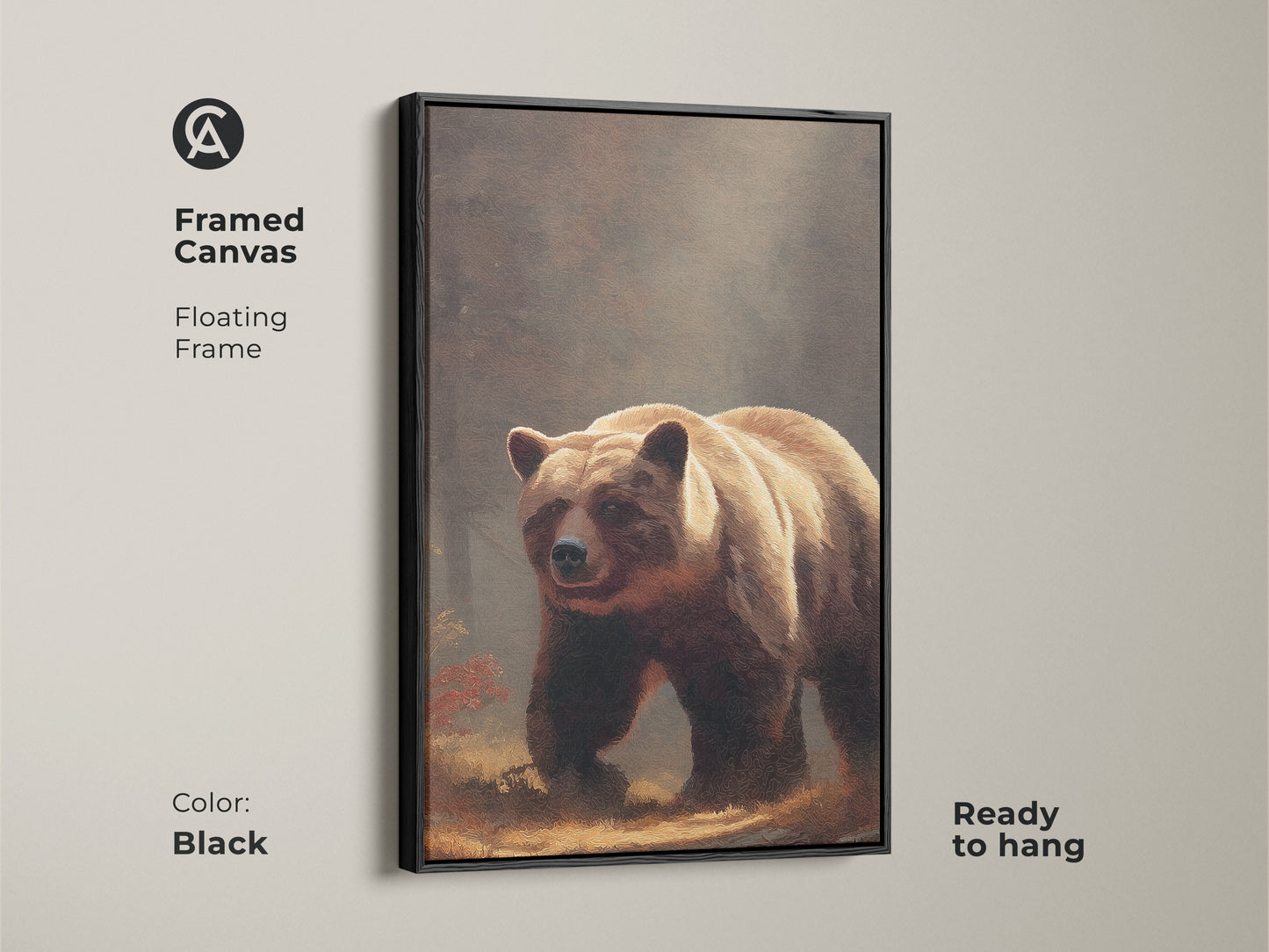 Framed canvas of a realistic bear artwork. Black floating frame adds a touch of sophistication. This wildlife nature artwork is ready to hang. Earth tones enhance any room.