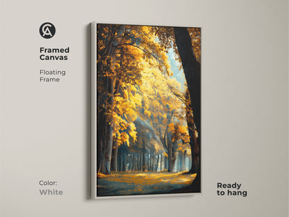 Framed canvas artwork of a forest landscape. White floating frame offers a clean modern look. The canvas is ready to hang. A serene piece of nature art for any room.