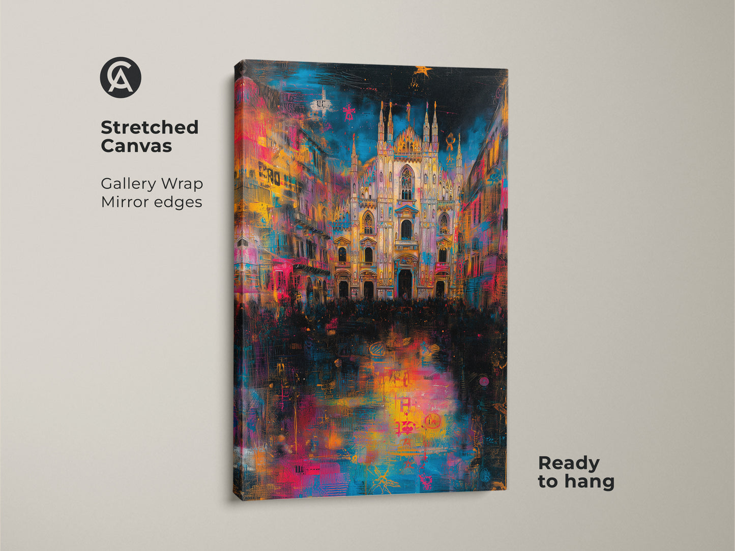 Vibrant Milan Cathedral art printed on a stretched canvas. The gallery wrapped canvas features mirrored edges. The artwork is ready to hang. Enhance your home decor with this colorful urban art.