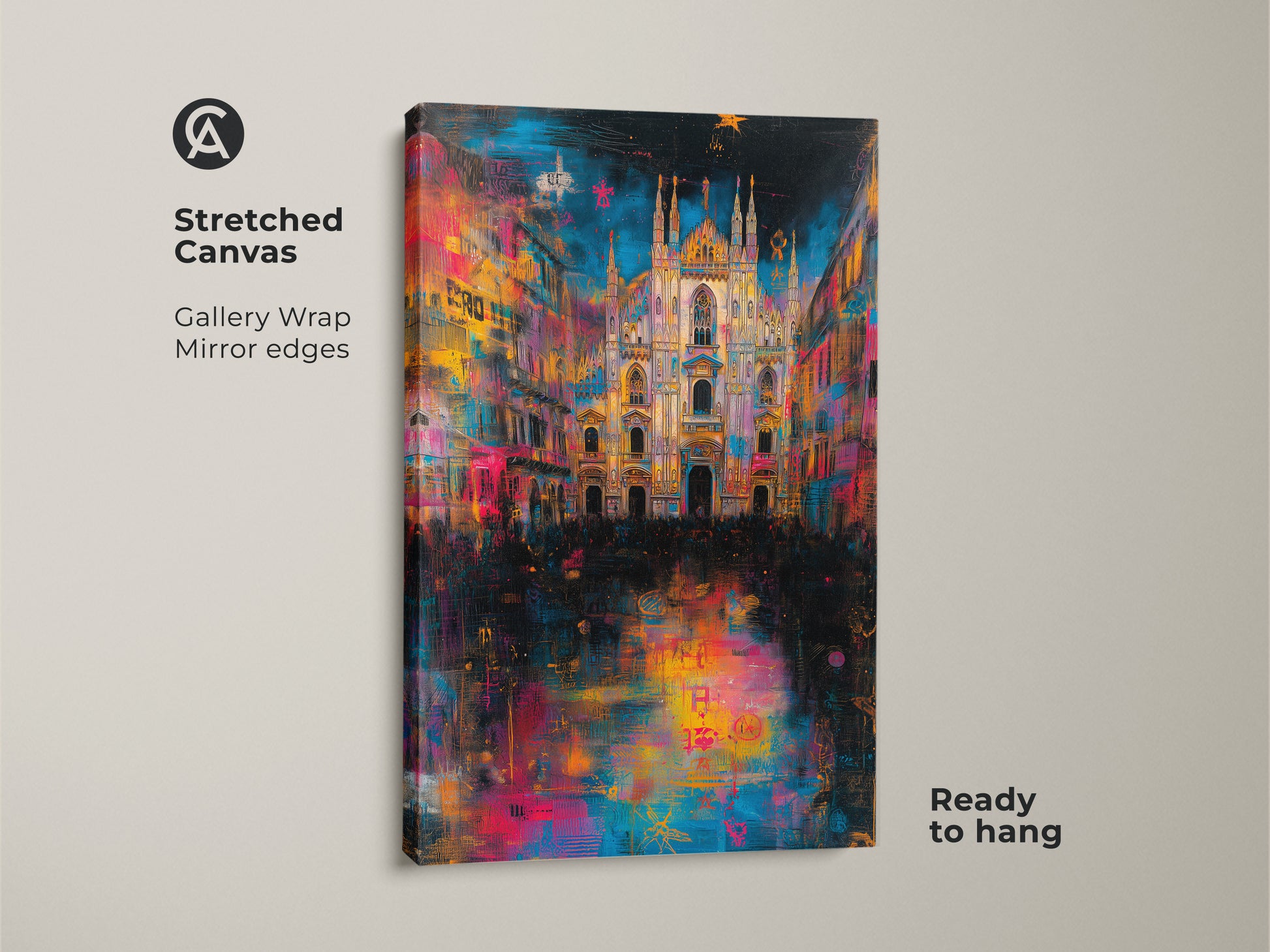 Vibrant Milan Cathedral art printed on a stretched canvas. The gallery wrapped canvas features mirrored edges. The artwork is ready to hang. Enhance your home decor with this colorful urban art.