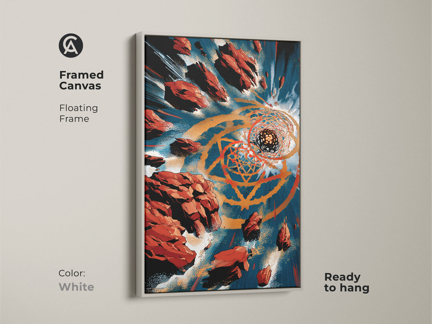 A white floating frame displaying a contemporary abstract art print on canvas. Features shapes in orange gold and teal palette. Modern geometric canvas art for a living room or office wall