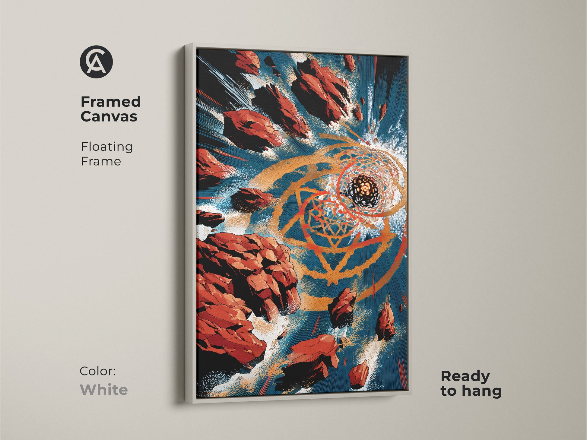 A white floating frame displaying a contemporary abstract art print on canvas. Features shapes in orange gold and teal palette. Modern geometric canvas art for a living room or office wall