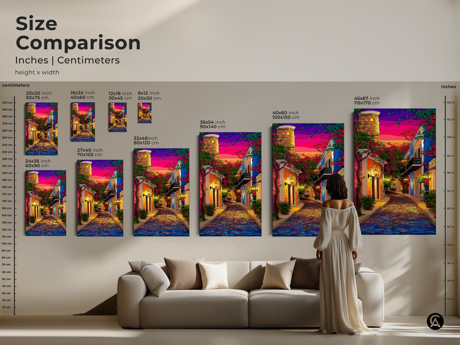 Size comparison of a cobblestone street cityscape art print on a wall. Tower beneath a purple blue pink sunset. Perfect eclectic travel lover gift. Enhances home decor with colorful European street artwork. Explore different sizes and styles.
