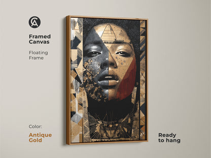 Framed canvas of an abstract woman portrait. The floating frame is antique gold and ready to hang. Features tribal geometric artwork in gold black and tan colors. Perfect wall art for modern home decor.