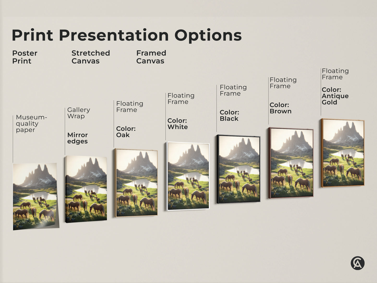 Explore print presentation options for this horse artwork. Choose from poster prints stretched canvas and framed canvas. Various floating frame colors available including Oak White Black Brown Antique Gold. Find the perfect style for your equestrian home decor.