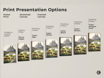 Explore print presentation options for this horse artwork. Choose from poster prints stretched canvas and framed canvas. Various floating frame colors available including Oak White Black Brown Antique Gold. Find the perfect style for your equestrian home decor.
