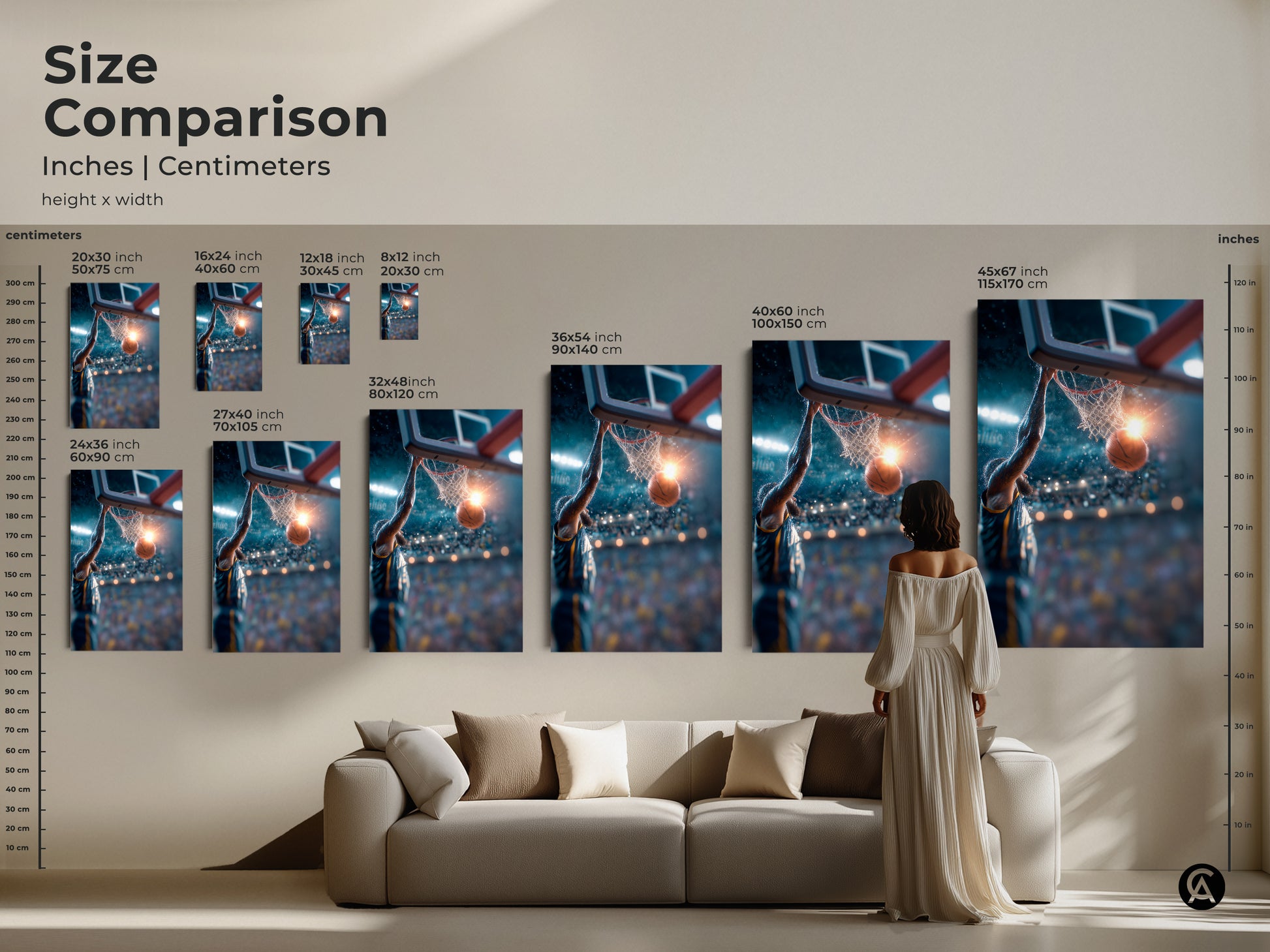 Size comparison of basketball art prints. Visualize how each size fits in your space. Options range from small to large. Find the perfect scale for your room. Elevate your home decor now.