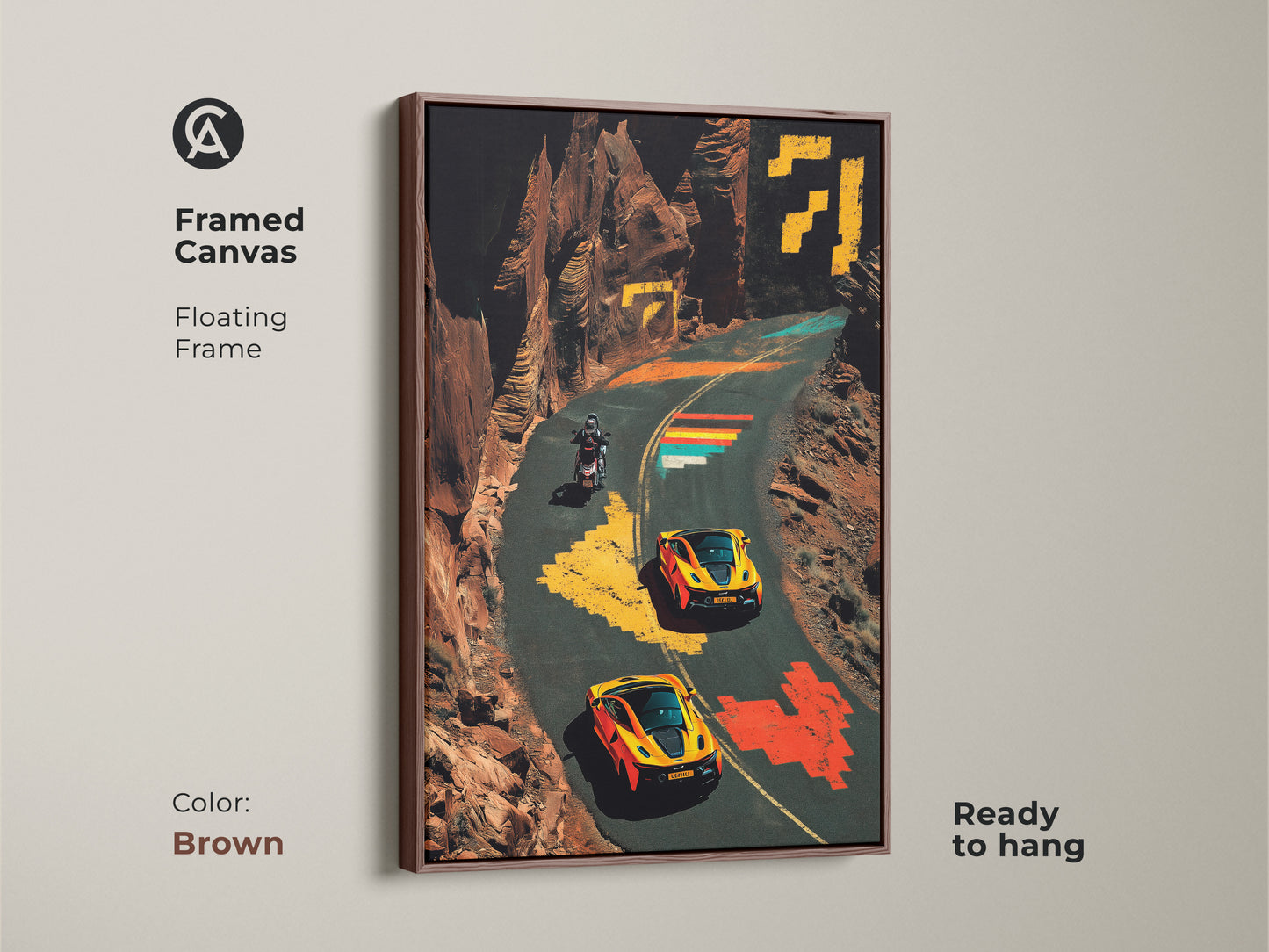 Elevate your decor with this framed canvas showcasing sports cars and a motorcycle. The pixel art is printed on high-quality canvas with a floating frame and is ready to hang. The orange and yellow landscape adds a touch of adventure to any room. This F1 fan gift idea will add character to your office or home.