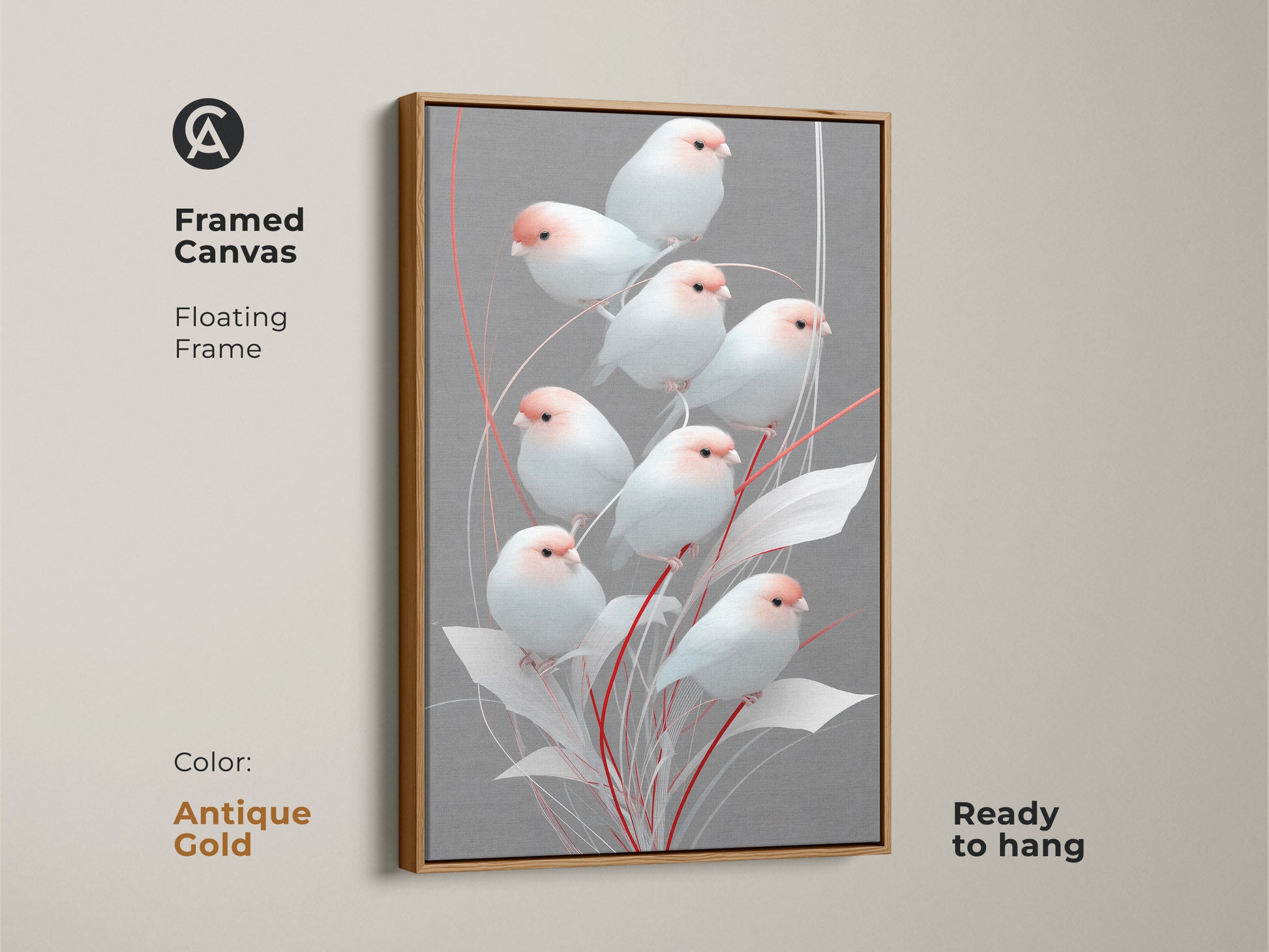 Antique gold framed canvas showcasing a minimalist finch artwork. Floating frame accentuates the delicate pink and gray botanical art. This modern folk art decor is ready to hang and provides Scandinavian style. Gift for bird lovers or anyone who likes nature. Peaceful bedroom art that is a perfect housewarming gift.