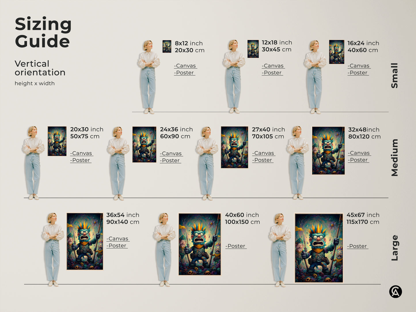 Find the perfect size for your bizarre monster artwork with this sizing guide. Options include canvas and poster prints in sizes from small to large. Visualize how each vertical orientation art print will fit in your space. Transform your home today