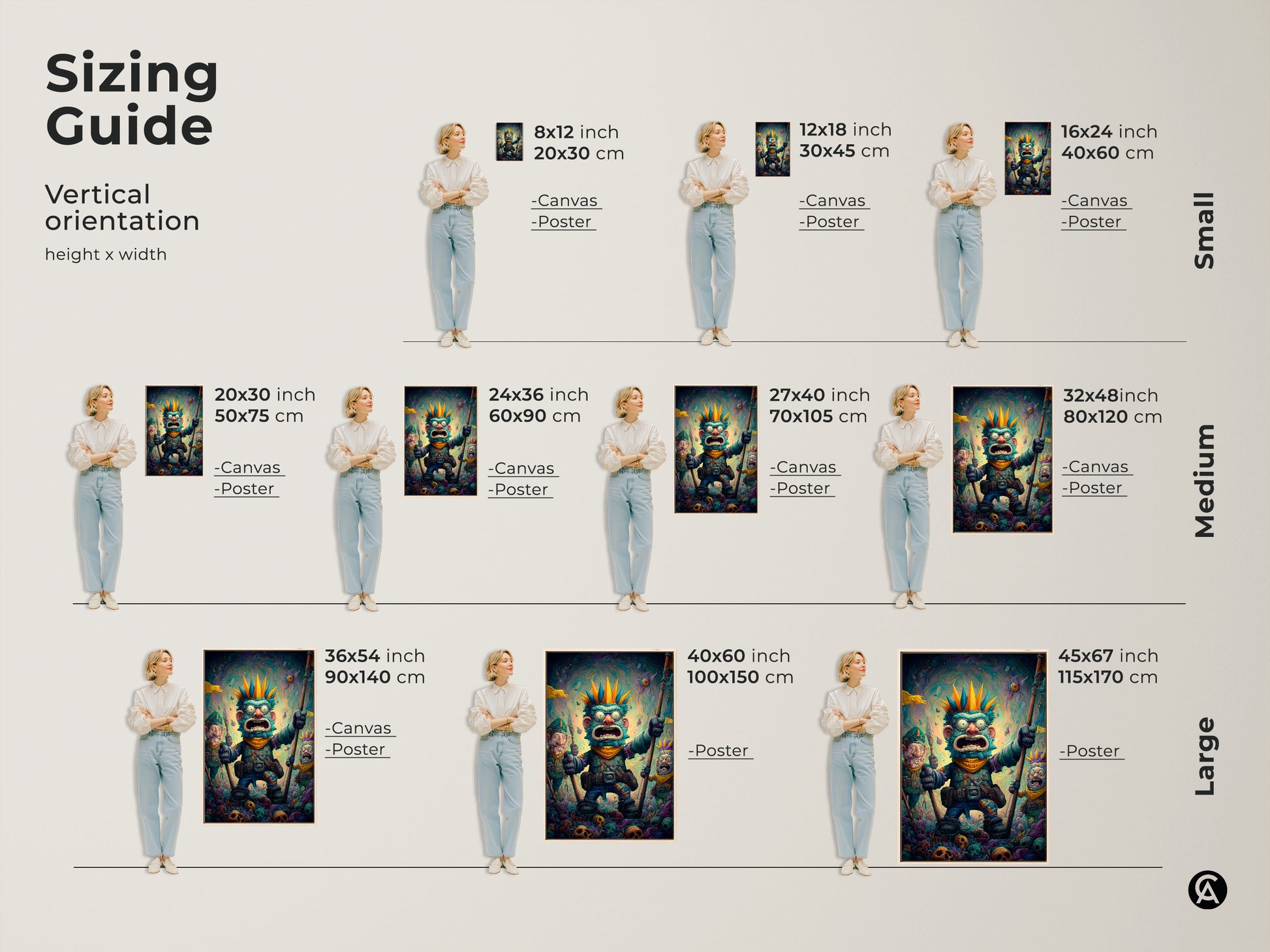 Find the perfect size for your bizarre monster artwork with this sizing guide. Options include canvas and poster prints in sizes from small to large. Visualize how each vertical orientation art print will fit in your space. Transform your home today