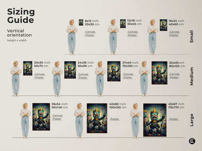Find the perfect size for your bizarre monster artwork with this sizing guide. Options include canvas and poster prints in sizes from small to large. Visualize how each vertical orientation art print will fit in your space. Transform your home today