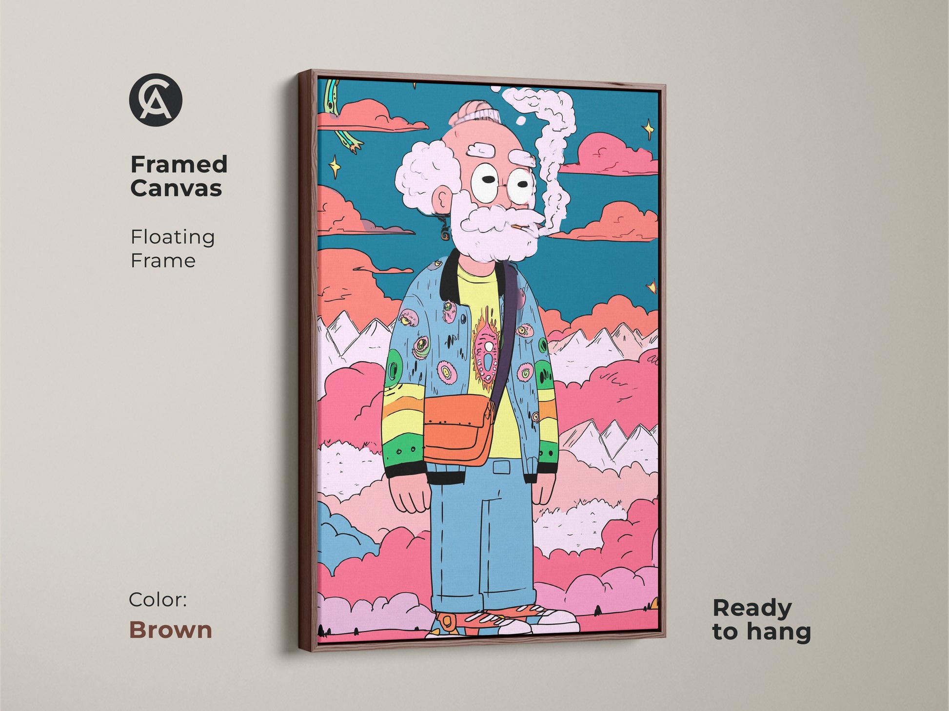 This framed canvas artwork features a cartoon character smoking. The floating frame in brown enhances the art's warm tones. Ready to hang and brings a touch of sophistication to your home. It combines modern style with unique character.