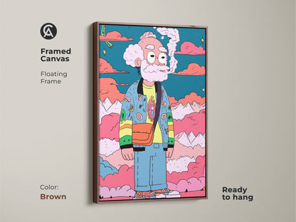This framed canvas artwork features a cartoon character smoking. The floating frame in brown enhances the art's warm tones. Ready to hang and brings a touch of sophistication to your home. It combines modern style with unique character.