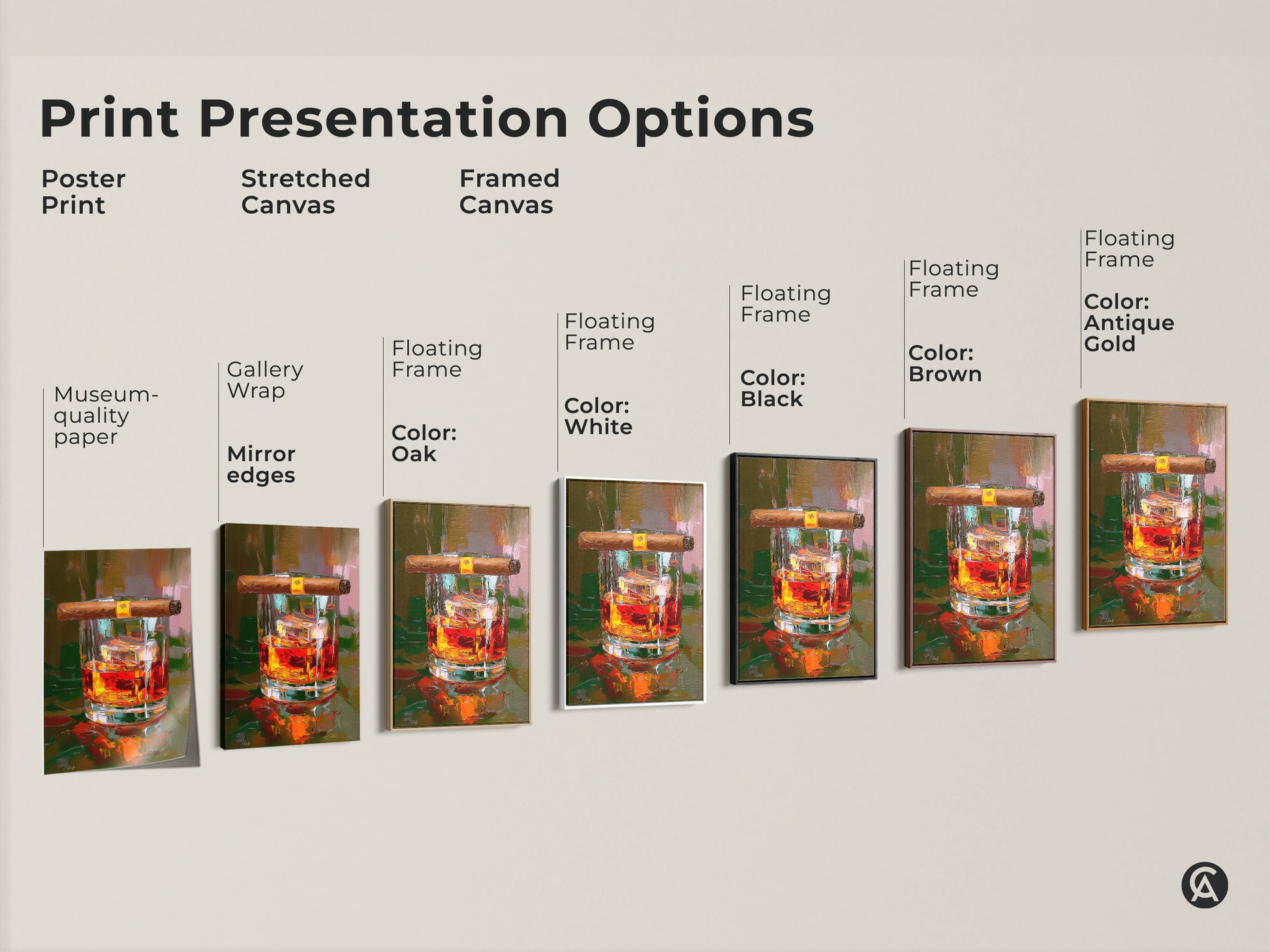 Explore canvas print presentation options with whiskey and cigar art. Choose from poster prints stretched canvas and framed canvas. Find the perfect fit for your man cave or home bar decor. The amber orange artwork adds sophistication to any space. Ideal for bourbon drink lifestyle artwork.