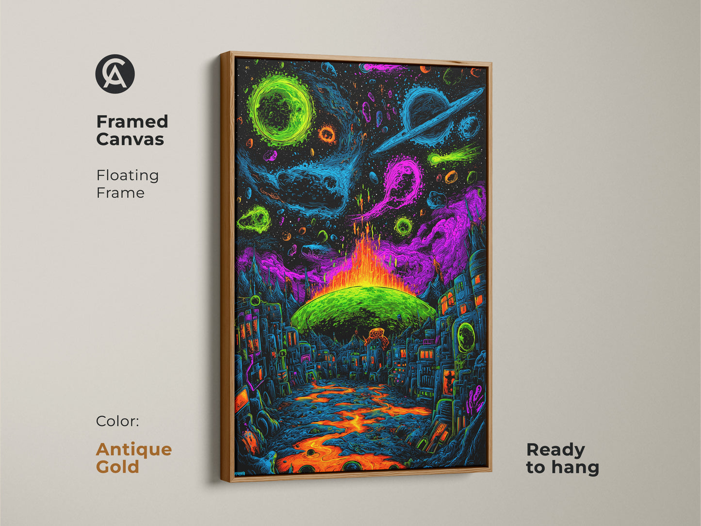 Add a touch of elegance with this framed canvas artwork in antique gold. This unique piece features a neon city and cosmic planets. A lava river flows through the city. This ready to hang floating frame artwork will brighten your decor.