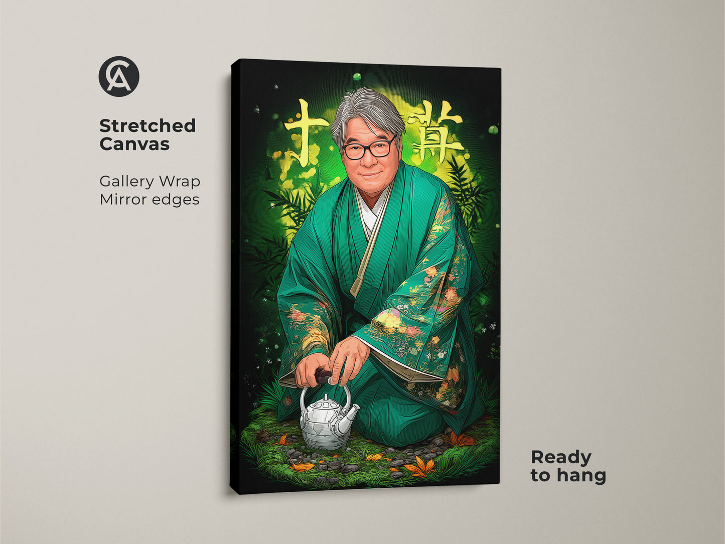 Stretched canvas gallery wrap showing the Japanese man portrait in emerald green kimono art. It's a ready to hang zen teapot canvas print with mirror edges. The eclectic home decor art is a gift for tea lovers featuring a unique man portrait.