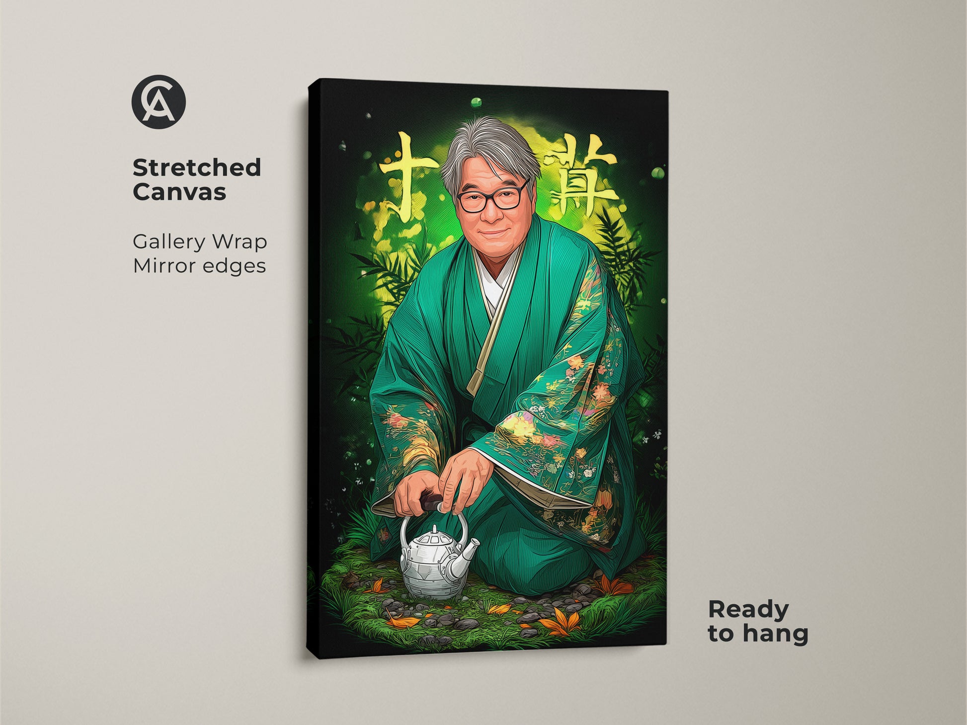 Stretched canvas gallery wrap showing the Japanese man portrait in emerald green kimono art. It's a ready to hang zen teapot canvas print with mirror edges. The eclectic home decor art is a gift for tea lovers featuring a unique man portrait.