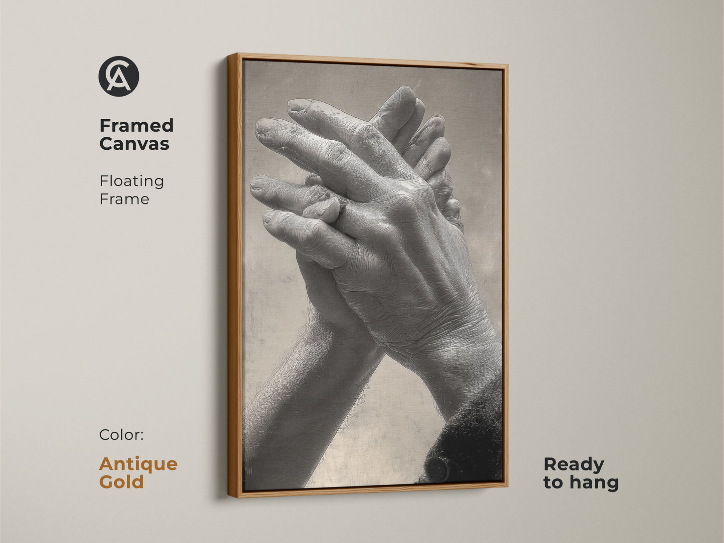 Antique gold framed canvas featuring intertwined hands. Floating frame enhances the grayscale couple art. Ideal as a thoughtful anniversary gift or contemporary bedroom decor. A timeless piece of human connection artwork.