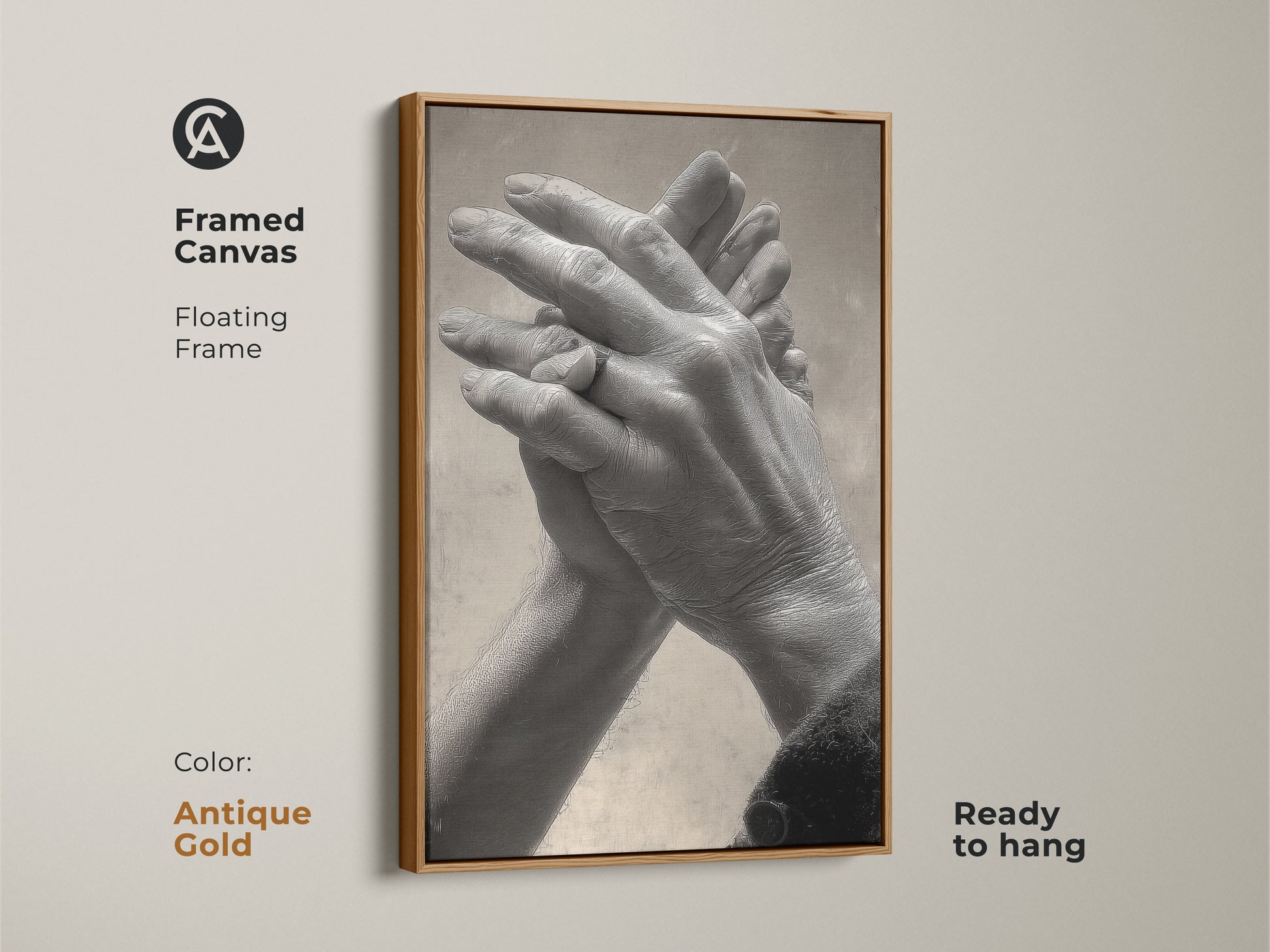 Antique gold framed canvas featuring intertwined hands. Floating frame enhances the grayscale couple art. Ideal as a thoughtful anniversary gift or contemporary bedroom decor. A timeless piece of human connection artwork.
