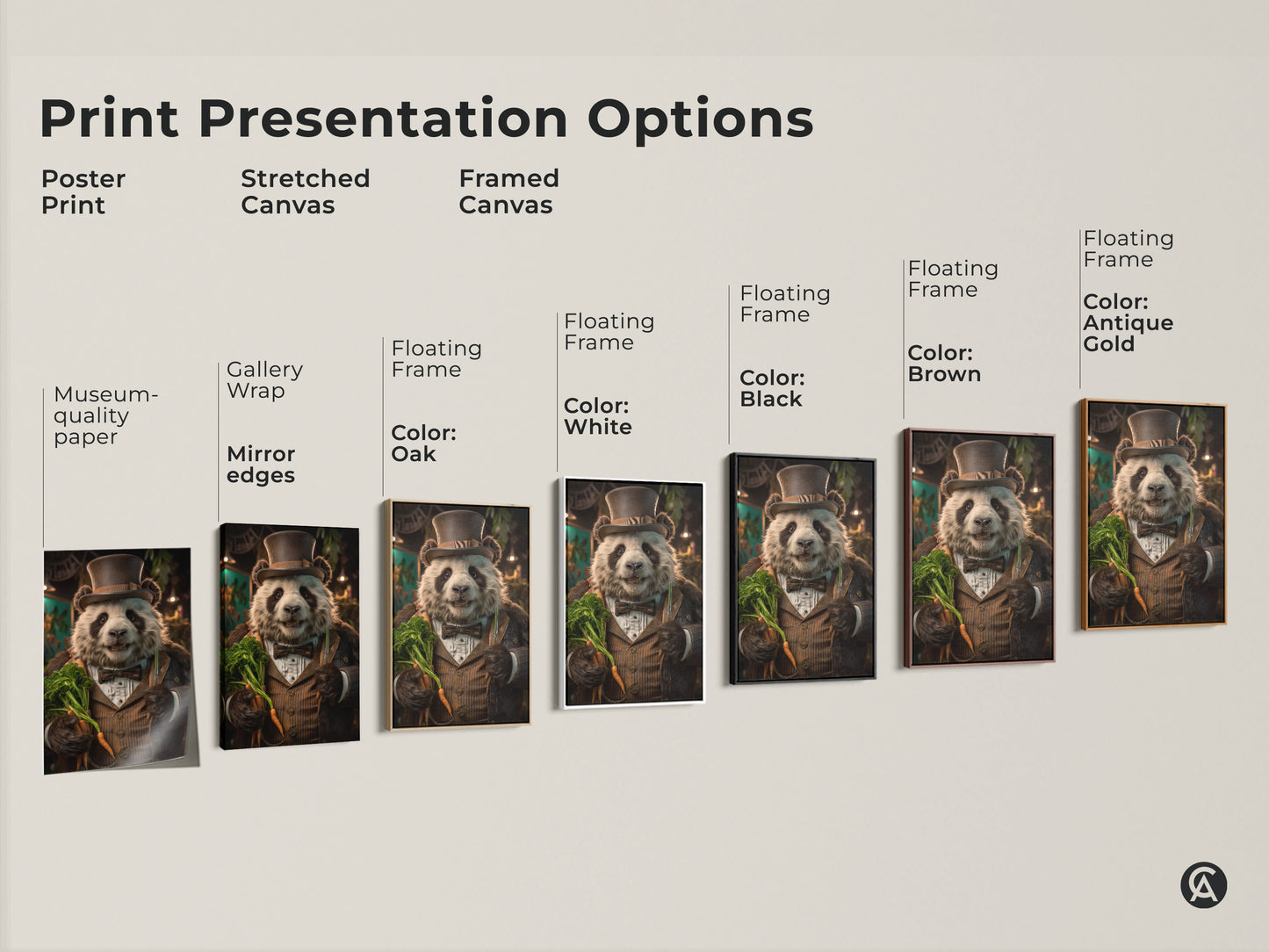 Print presentation options feature a rustic dapper panda art piece. Choose from poster prints stretched canvas and framed canvas. Each shows a dapper panda in warm ochre and golden brown hues.
