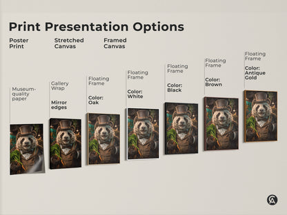 Print presentation options feature a rustic dapper panda art piece. Choose from poster prints stretched canvas and framed canvas. Each shows a dapper panda in warm ochre and golden brown hues.