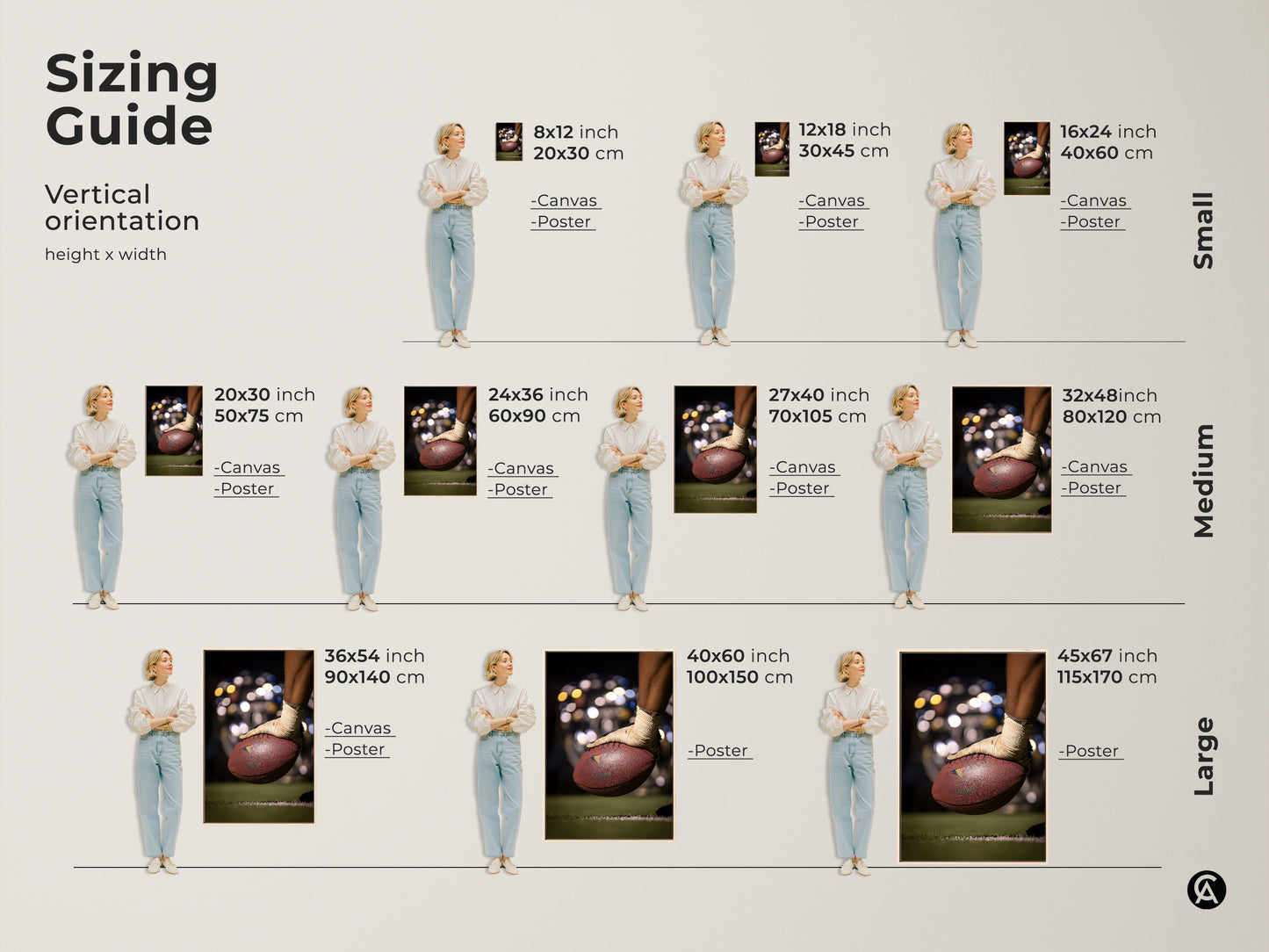 Sizing guide for football wall artwork. Vertical orientation options for canvas and poster prints. Small medium and large sizes are available. Find the perfect fit for your space. Transform your sports-themed room with the ideal action shot.