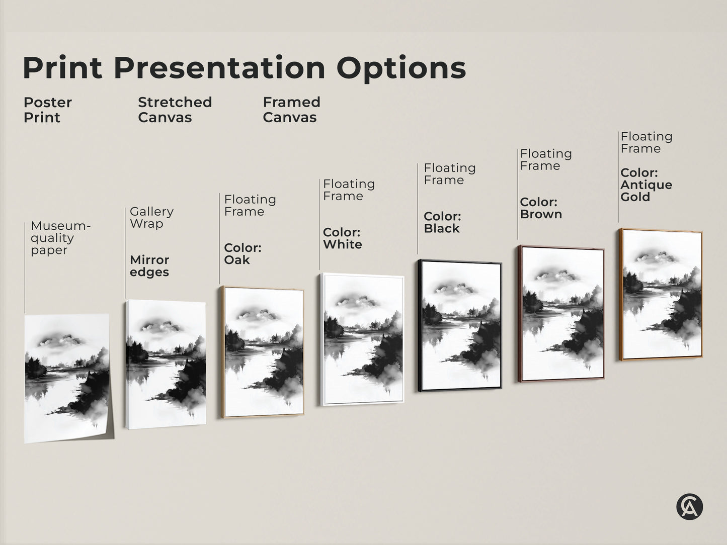 Print presentation options for abstract forest lake wall art. Choose from poster prints stretched canvases or framed canvases. Each option showcases the minimalist ink wash art in black and white. Find the perfect modern home decor art for your space. Enhance your room with serene nature prints.