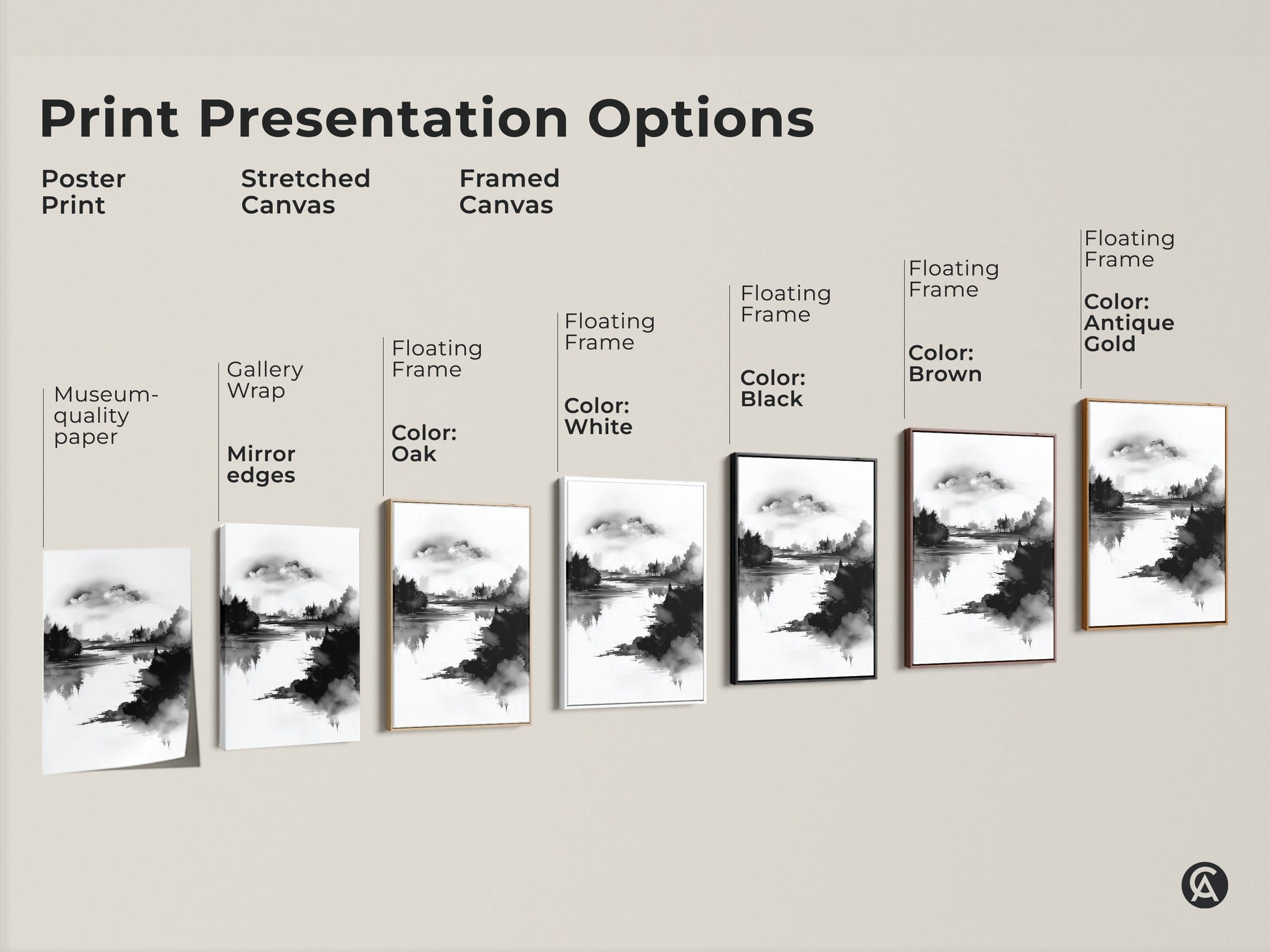 Print presentation options for abstract forest lake wall art. Choose from poster prints stretched canvases or framed canvases. Each option showcases the minimalist ink wash art in black and white. Find the perfect modern home decor art for your space. Enhance your room with serene nature prints.